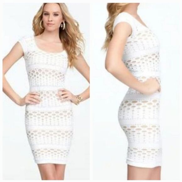 🔺️Bebe Cream & Tan Bodycon Eyelet Dress Petite Small - Picture 1 of 13